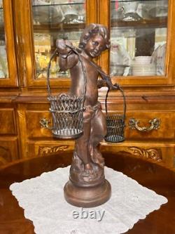 VTG Solid Cast Iron 15.5 Statue Boy Art Nouveau Bronze Tone Paint Heavy 8.6 lbs