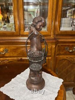 VTG Solid Cast Iron 15.5 Statue Boy Art Nouveau Bronze Tone Paint Heavy 8.6 lbs