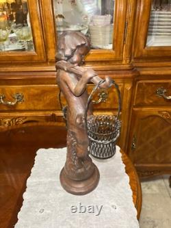 VTG Solid Cast Iron 15.5 Statue Boy Art Nouveau Bronze Tone Paint Heavy 8.6 lbs