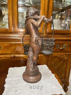 VTG Solid Cast Iron 15.5 Statue Boy Art Nouveau Bronze Tone Paint Heavy 8.6 lbs