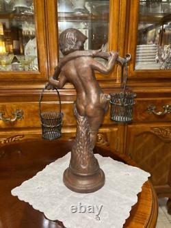 VTG Solid Cast Iron 15.5 Statue Boy Art Nouveau Bronze Tone Paint Heavy 8.6 lbs