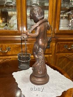 VTG Solid Cast Iron 15.5 Statue Boy Art Nouveau Bronze Tone Paint Heavy 8.6 lbs