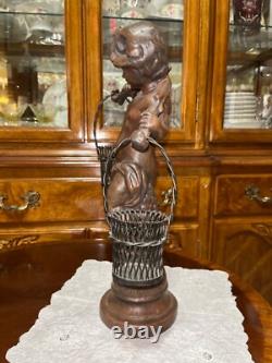 VTG Solid Cast Iron 15.5 Statue Boy Art Nouveau Bronze Tone Paint Heavy 8.6 lbs