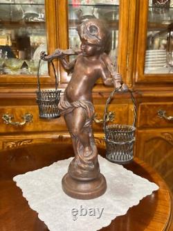 VTG Solid Cast Iron 15.5 Statue Boy Art Nouveau Bronze Tone Paint Heavy 8.6 lbs