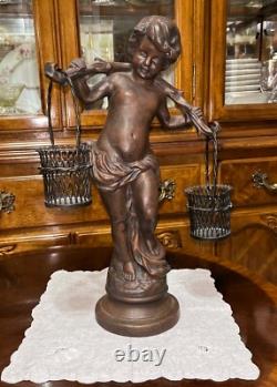 VTG Solid Cast Iron 15.5 Statue Boy Art Nouveau Bronze Tone Paint Heavy 8.6 lbs