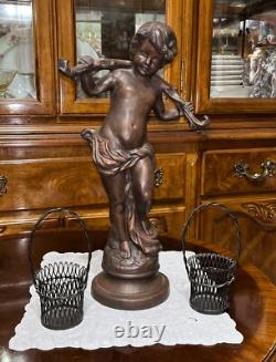 VTG Solid Cast Iron 15.5 Statue Boy Art Nouveau Bronze Tone Paint Heavy 8.6 lbs