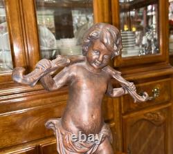 VTG Solid Cast Iron 15.5 Statue Boy Art Nouveau Bronze Tone Paint Heavy 8.6 lbs