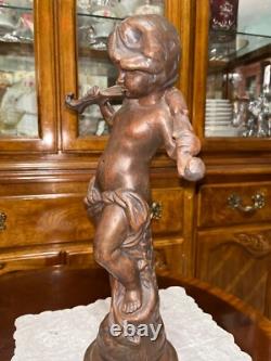 VTG Solid Cast Iron 15.5 Statue Boy Art Nouveau Bronze Tone Paint Heavy 8.6 lbs