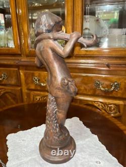 VTG Solid Cast Iron 15.5 Statue Boy Art Nouveau Bronze Tone Paint Heavy 8.6 lbs