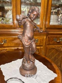 VTG Solid Cast Iron 15.5 Statue Boy Art Nouveau Bronze Tone Paint Heavy 8.6 lbs