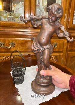 VTG Solid Cast Iron 15.5 Statue Boy Art Nouveau Bronze Tone Paint Heavy 8.6 lbs