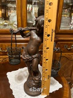 VTG Solid Cast Iron 15.5 Statue Boy Art Nouveau Bronze Tone Paint Heavy 8.6 lbs
