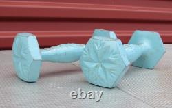 Vintage 1940s Gym Dumbells Cast Iron Hand Weights Light Blue Ornate 2lbs Display