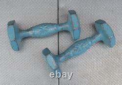 Vintage 1940s Gym Dumbells Cast Iron Hand Weights Light Blue Ornate 2lbs Display