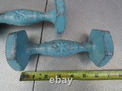 Vintage 1940s Gym Dumbells Cast Iron Hand Weights Light Blue Ornate 2lbs Display