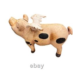 Vintage Cast Iron Flying Pig Folk Art Farmhouse Decor Spotted 13lbs 12x6 70's