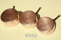 Vintage French Copper Sauce Pan Set 5 Tin Lined Cast Iron Handles 1.5-2mm 11.7lb