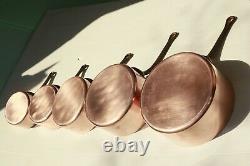 Vintage French Copper Sauce Pan Set 5 Tin Lined Cast Iron Handles 2mm 11.9lbs