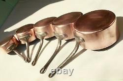 Vintage French Copper Sauce Pan Set 5 Tin Lined Cast Iron Handles 2mm 11.9lbs