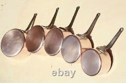 Vintage French Copper Sauce Pan Set 5 Tin Lined Cast Iron Handles 2mm 14.8lbs