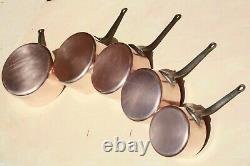 Vintage French Copper Sauce Pan Set 5 Tin Lined Cast Iron Handles 2mm 14.8lbs
