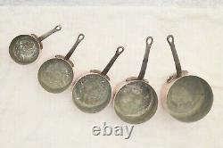 Vintage French Copper Saucepan Set 5 Tin Lined Cast iron Handles 1.5mm 14.1lbs