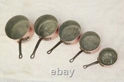 Vintage French Copper Saucepan Set 5 Tin Lined Cast iron Handles 1.5mm 14.1lbs
