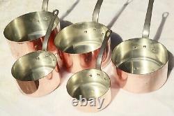 Vintage French Copper Saucepan Set of 5 Tin Lined Cast Iron Handles 8.6lbs