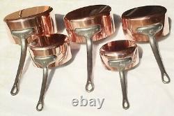 Vintage French Copper Saucepan Set of 5 Tin Lined Cast Iron Handles 8.6lbs