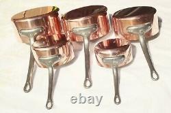 Vintage French Copper Saucepan Set of 5 Tin Lined Cast Iron Handles 8.6lbs