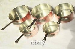 Vintage French Copper Saucepan Set of 5 Tin Lined Cast Iron Handles 8.6lbs