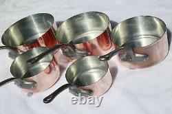 Vintage French Copper Saucepan Set of 5 Tin Lined Cast Iron Handles 8.6lbs