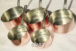 Vintage French Copper Saucepan Set of 5 Tin Lined Cast Iron Handles 8.6lbs