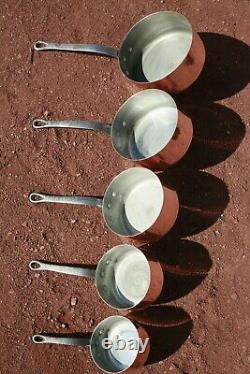 Vintage French Copper Saucepan Set of 5 Tin Lined With Cast Iron Handles 8.8lbs