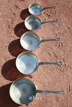 Vintage French Copper Saucepan Set of 5 Tin Lined With Cast Iron Handles 8.8lbs
