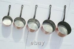 Vintage French Copper Saucepan Set of 5 Tin Lined With Cast Iron Handles 9lbs