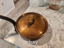 Vintage French Copper Saute Pan 9.5 Cast Iron Handle France 7 lbs Thick With Lid