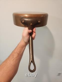 Vintage French Copper Saute Pan 9.5 Cast Iron Handle France 7 lbs Thick With Lid