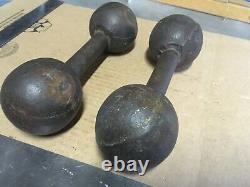 Vintage Gym early ROUND HEAD Dumbells Weights Cast Iron 10 lb. SET