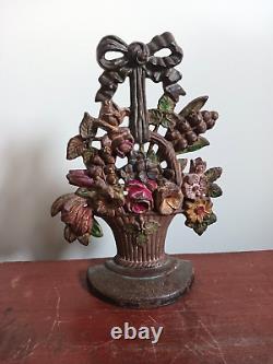 Vintage HUBLEY Cast Iron Doorstop #189 Basket of Flowers Original Paint