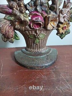 Vintage HUBLEY Cast Iron Doorstop #189 Basket of Flowers Original Paint