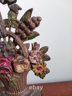 Vintage HUBLEY Cast Iron Doorstop #189 Basket of Flowers Original Paint
