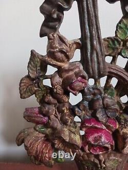 Vintage HUBLEY Cast Iron Doorstop #189 Basket of Flowers Original Paint