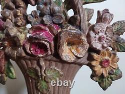 Vintage HUBLEY Cast Iron Doorstop #189 Basket of Flowers Original Paint