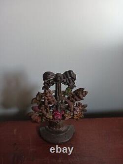 Vintage HUBLEY Cast Iron Doorstop #189 Basket of Flowers Original Paint