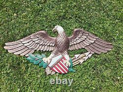 Vintage Heavy 40 lbs Cast Iron Bald Eagle & Shield Wall Plaque 33x15