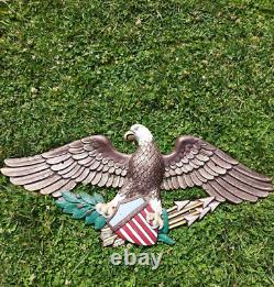 Vintage Heavy 40 lbs Cast Iron Bald Eagle & Shield Wall Plaque 33x15