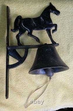 Vintage Heavy Wall Mount Cast Iron Dinner Bell with Horse Black Stallion 7lbs