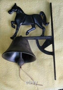 Vintage Heavy Wall Mount Cast Iron Dinner Bell with Horse Black Stallion 7lbs