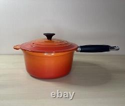 Vintage LE CREUSET Orange Flame Enamel #20 SAUCE PAN Black Phenolic Handle -HTF